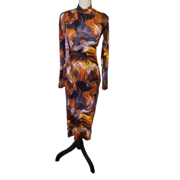 SHEIN Dresses & Skirts - Shein Marble Print Mock Neck Bodycon Midi Dress, Tan Multi-Color, Size 4 Small